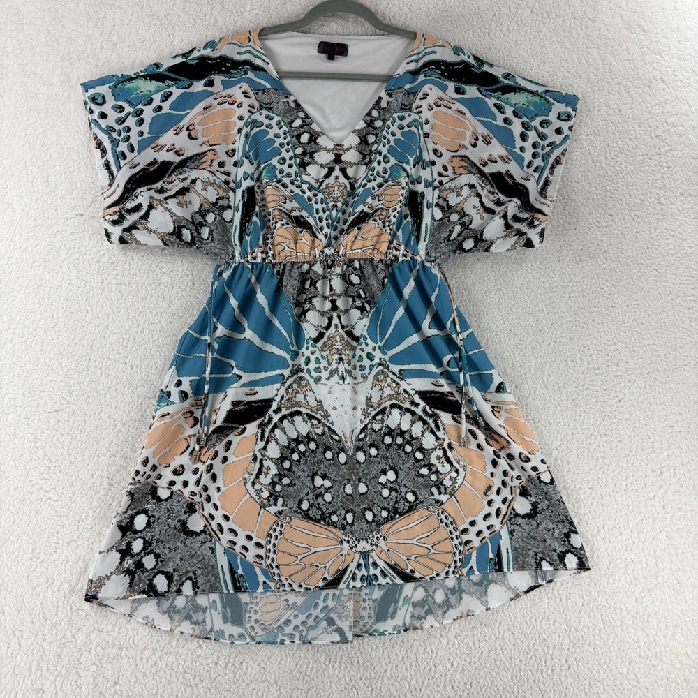 Hale Bob Moth Butterfly Dress Women Small Blue Short Sleeve V-Neck Short Pull On